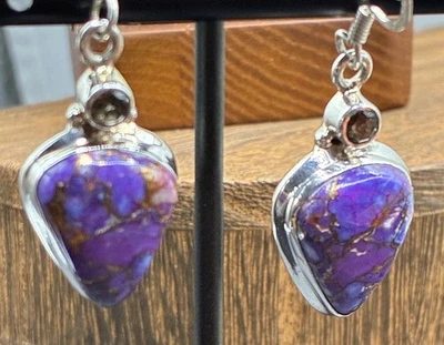 Pendientes colgantes de cuarzo púrpura turquesa y ahumado en ley Foto 1 de 4