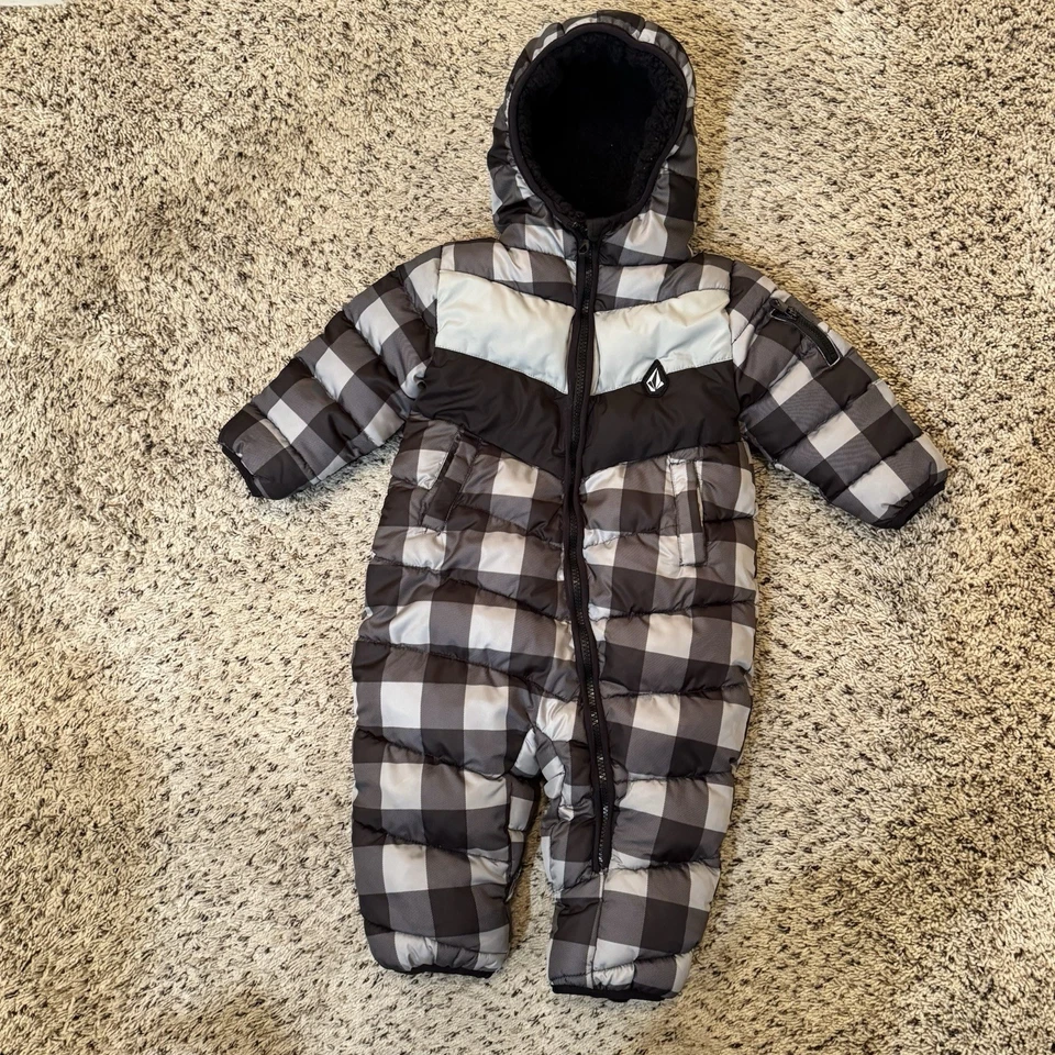Macacão de neve Volcom cinza xadrez pele com capuz zíper isolado inverno inchado bebê tamanho 24M - Imagem 1 de 4