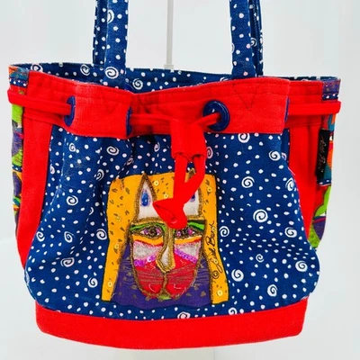 Bolso de Mano Laurel Burch Lona con Cordón Cartera Rojo Azul Gatos Con Cuentas De Colección Foto 1 de 4