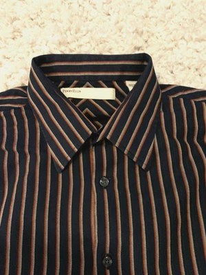 Camisa social PERRY ELLIS XL preta vermelha listras amarelas 100% algodão masculina LS Office - Imagem 1 de 4