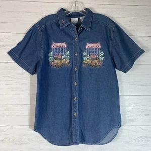 Bobbie Brooks Bluse Damen M blau Jeanshemd Chambray Applikation Blumen Top - Bild 1 von 5