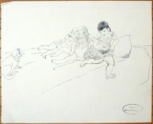 Chat et fillettes Dessin original illustration de Amandine DORÉ vers 1960 - Imagen 1 de 1