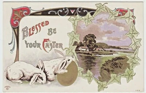 Embossed Vintage P. Sander Blessed Easter Postcard w White Rabbits Golden Egg - Picture 1 of 2