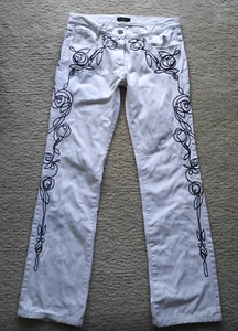 Y2K RARE Byblos white jeans black embroidery straight leg 40 vintage low rise - Picture 1 of 16