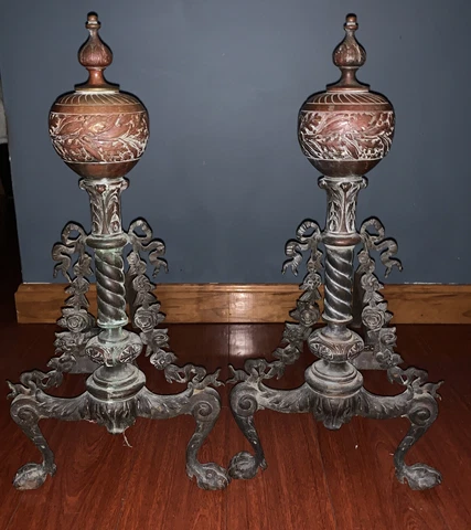 Pair 19th Century French Heavy Bronze Chenets Fireplace Andirons Floral 22” Tall Cover