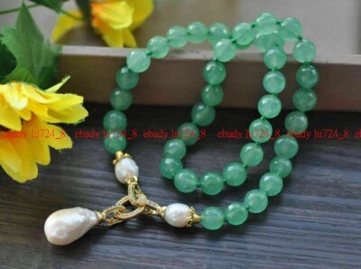 10mm Natural Faceted Green Aventurine White Baroque Pearl Round Gem Necklace 18" - Image 1 of 4