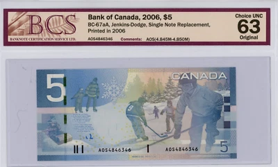 2006 Bank of Canada $5 BCS Choice UNC 63, original - CH BC-67aA  AOS Replacement - Image 1 of 2