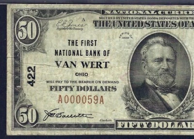 🇺🇸 OH 1929 $50  ♚♚VAN WERT, OHIO♚♚ PMG VERY FINE 20 HARD TO FIND - Image 1 of 3