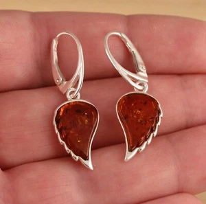 Cognac Baltic Amber 925 Sterling Silver Leaves Dangle Drop Earrings Gift Boxed - Picture 1 of 4