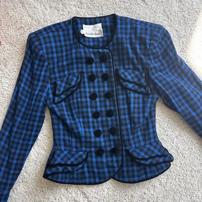 Vintage Saks 5th Avenue Union Royal Blue Black Check Women Jacket/ Vest Velvet 8 - Image 1 of 4