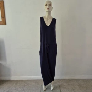 Quince French Terry Modal Jumpsuit Navy UK 16 XL | Wide Leg V-Neck Keyhole Back - Picture 1 of 12