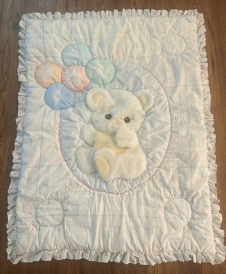 Vintage Lambs & Ivy Teddy Bear 3D Balloons Baby Quilt Blanket 45x35 - Image 1 of 4