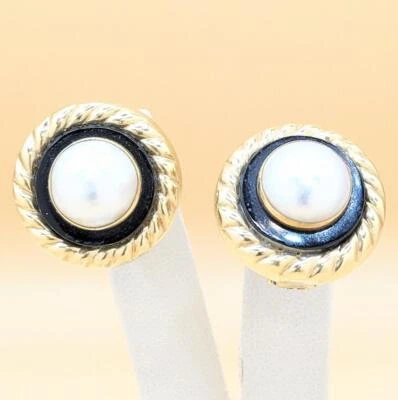 Серьги-вереницы из желтого золота 14 карат с культивированным жемчугом и омегой кабошоном 10,2 г - Изображение 1 из 4