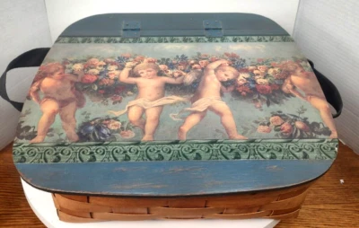 VTG Woven Wood Decoupage Cherub Baby Angel Handles Hinge Lid Décor Basket - Image 1 of 4