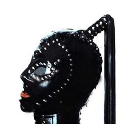 Latex Hood with Transparent Eye Lens and Rivet Decoration Rubber Mask Club Wear - Image 1 of 4