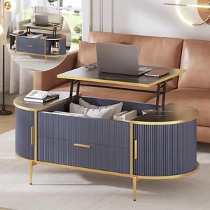 Modern Fluted Lift Top Coffee Table, Living Room Oval Coffee Table with Storage - Picture 1 of 36