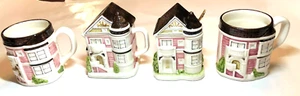 OTAGIRI Victorian House Creamer & Sugar Bowl & 2 Mugs / Cups White, Pink & Brown - Picture 1 of 11