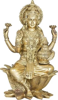 HANDGEMACHT Göttin Lakshmi sitzt auf Lotus – Messing-Idol, Höhe 30,5 cm