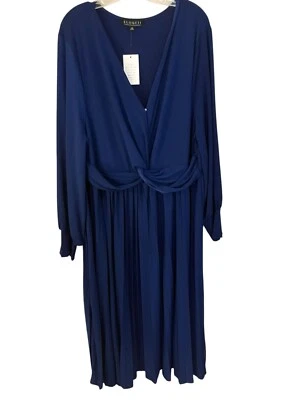 NWT ELOQUI Plus 26 Blue Slimming Midi Knot Front Pleated Skirt Long Sleeve Dress - Image 1 of 4