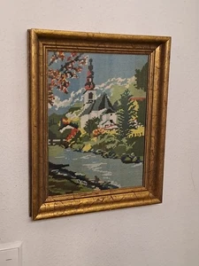 Stickbild Gobelin mit Echtholzrahmen Goldfarbenen Holzrahmen  - Bild 1 von 9