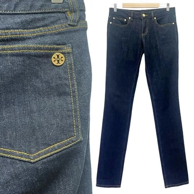 Pantalones de mezclilla Tory Burch tiro bajo súper ajustados lavado de enjuague oscuro extra largos talla 28 | 6 Foto 1 de 4
