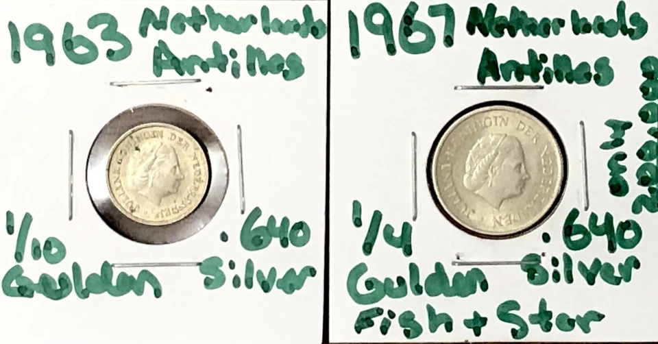 Netherlands Antilles Coin Lot - 1967 1/4 Gulden , 1963 1/10 World Silver Coin - Image 1 of 4