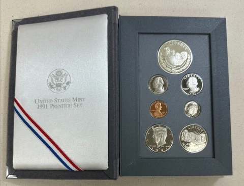 1991 S Prestige Proof Set Mount Rushmore 90% Silver Dollar 7 United States Coins Cover