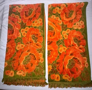 Lot: Fieldcrest Floral Poppy Orange Green Mid Century LARGE Bath Towels 2 TOTAL - Foto 1 di 10