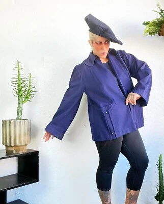 ПЛЮС размер темно-синий шерсти GABARDINE 1940-х 40-х винтажный плиссированные качели куртка L Xl - Изображение 1 из 4