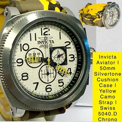 Reloj Invicta Cojín 50mm Tono Plateado | AVIADOR | Cronógrafo Suizo 5040.D | Banda CAMO Foto 1 de 4