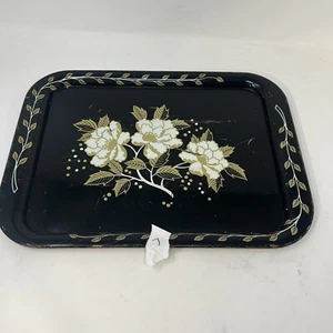 Black Floral Retro MCM Metal Lap Bed TV Tray Flowers Vintage - Picture 1 of 10