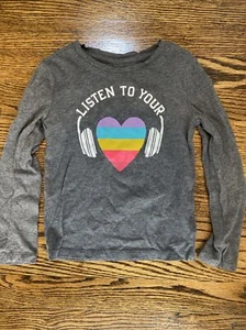 Gap Kids Girls XS (4-5) Rainbow Heart Long Sleeve Gray Listen To your Heart - Picture 1 of 6