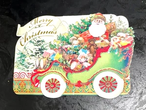Vintage Frohe Weihnachten Karte Mutter Mädchen geprägt altes Auto colordul zu senden behalten - Bild 1 von 4