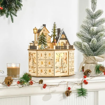 24 Day Light Up Wooden Christmas Advent Calendar Holiday Decoration w/ Drawers - Image 1 of 4