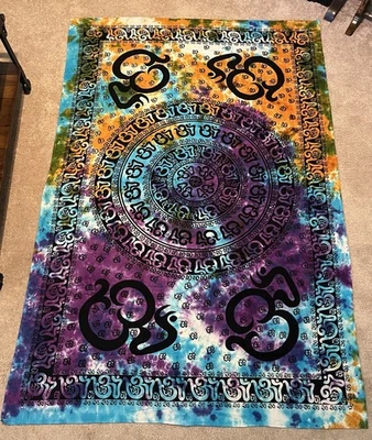 Om Mandala Tie-Dye Tapestry 100% Cotton Wall, Bedspread, Camping, Table, Couch - Image 1 of 4