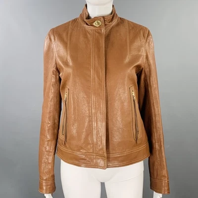 Chaqueta COACH Talla 8 Cuero Marrón Dorado Bolsillos con Cremallera Foto 1 de 4