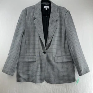 Steve Madden Plaid Blazer Womens XL Lightweight One Button Notch Oversized Gray - Picture 1 of 14