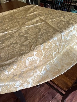 Waterford 70"x 67” Oval Gold Floral  Tablecloth Nice - Image 1 of 4
