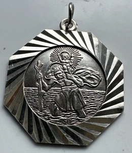 SAINT CHRISTOPHER small vintage sterling silver octagonal pendant ~ 21mm x 21mm - Picture 1 of 3