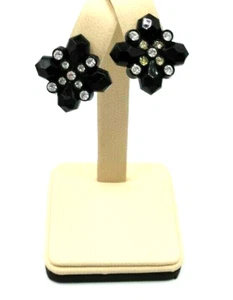 Vintage AVON 1980's Black w/Rhinestones Acrylic 1" Clip-On Fashion Earrings - Picture 1 of 1