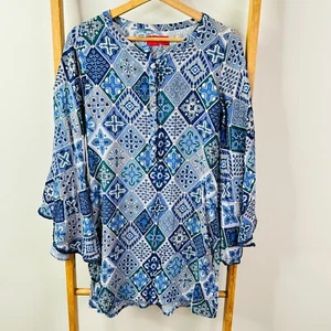 Tigerlily Dress Womens 6 Blue Geometric Print Long Flared Sleeve Mini Rayon - Picture 1 of 10