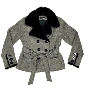 Dollhouse Tweed Wool Coat XL Faux Fur Collar & Cuffs Modern Chic Elegant Jacket - Picture 1 of 17