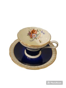 Aynsley England Rose Floral Tea Cup And Saucer Cobalt Blue Gold Trim Bone China - Picture 1 of 10