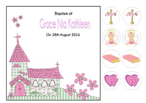 Christening Baptism Girl edible 7.5 inch Square Iced Cake Topper + 8 toppers - Picture 1 of 1