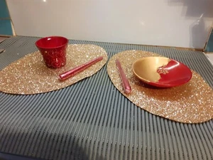 Xmas Tableware. John Lewis Gold Serving Mats, Red/Gold Dish & Pot, 2 Red Candles - Picture 1 of 8