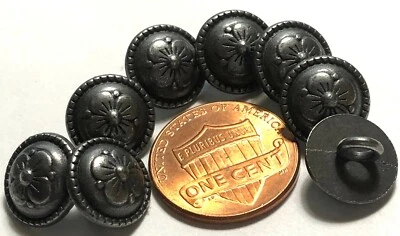 8 Small Domed Gray Gunmetal Tone Metal Shank Flower Buttons 11.5mm 7/16" 12186 - Image 1 of 3