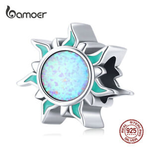 BAMOER DIY Charm S925 Sterling Silver Enamel Blue Opal sun For Women Bracelet
