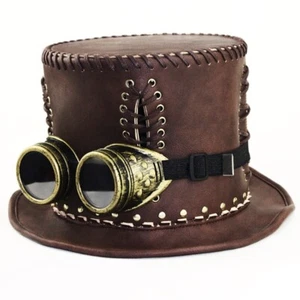 Unisex Cosplay Top Hat Faux Leather Halloween Steampunk Retro with Goggles Hat - Picture 1 of 10