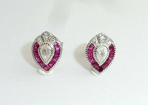 Ladies Earrings 925 Sterling Solid Silver Ruby & White Sapphire Stud Earrings - Picture 1 of 12