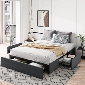 Full Size Platform Bed Frame with 3 Storage Drawers, Fabric Upholstered, Wood... - Picture 1 of 9